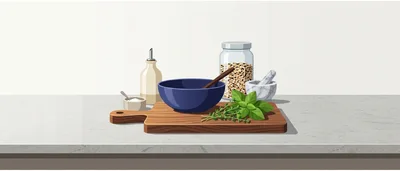 Kitchen Countertop With Cooking Ingredients And Utensils
