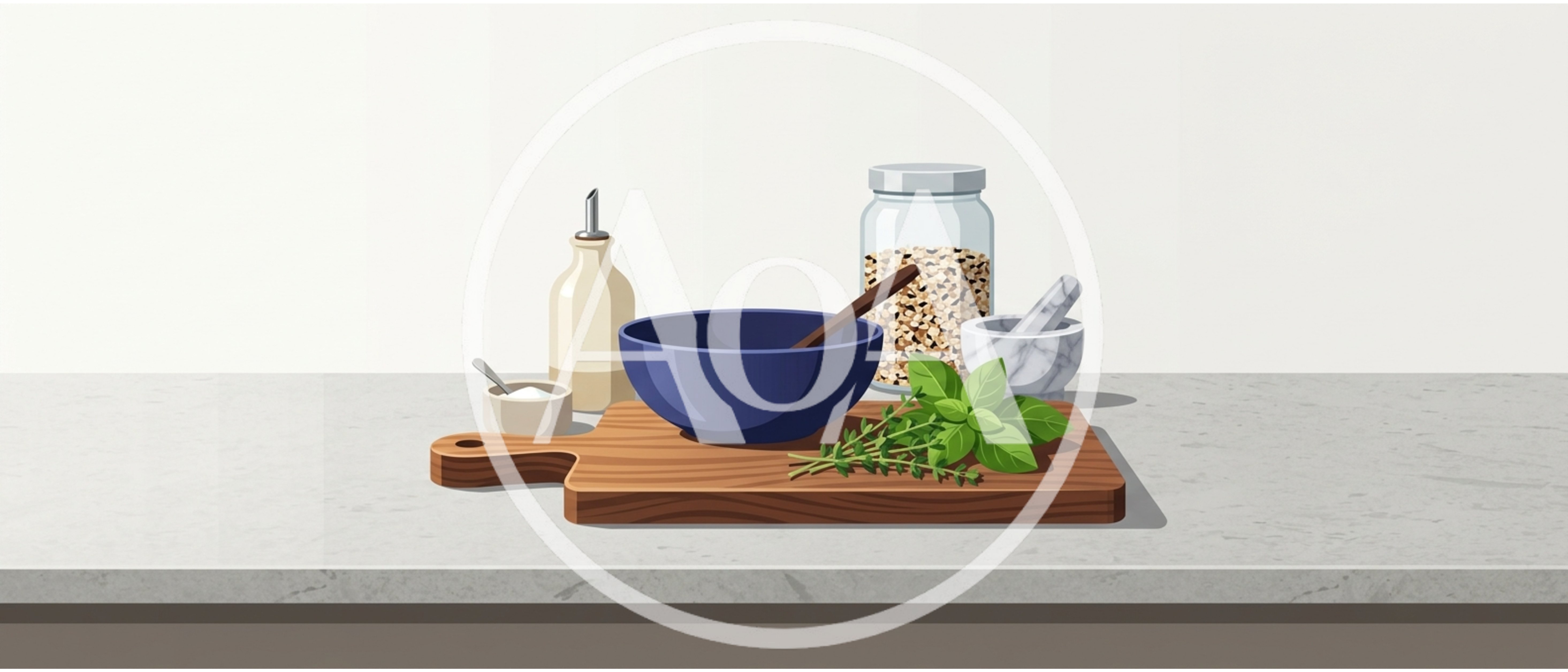 Kitchen Countertop With Cooking Ingredients And Utensils