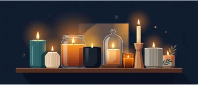 Collection Of Lit Candles On A Wooden Shelf