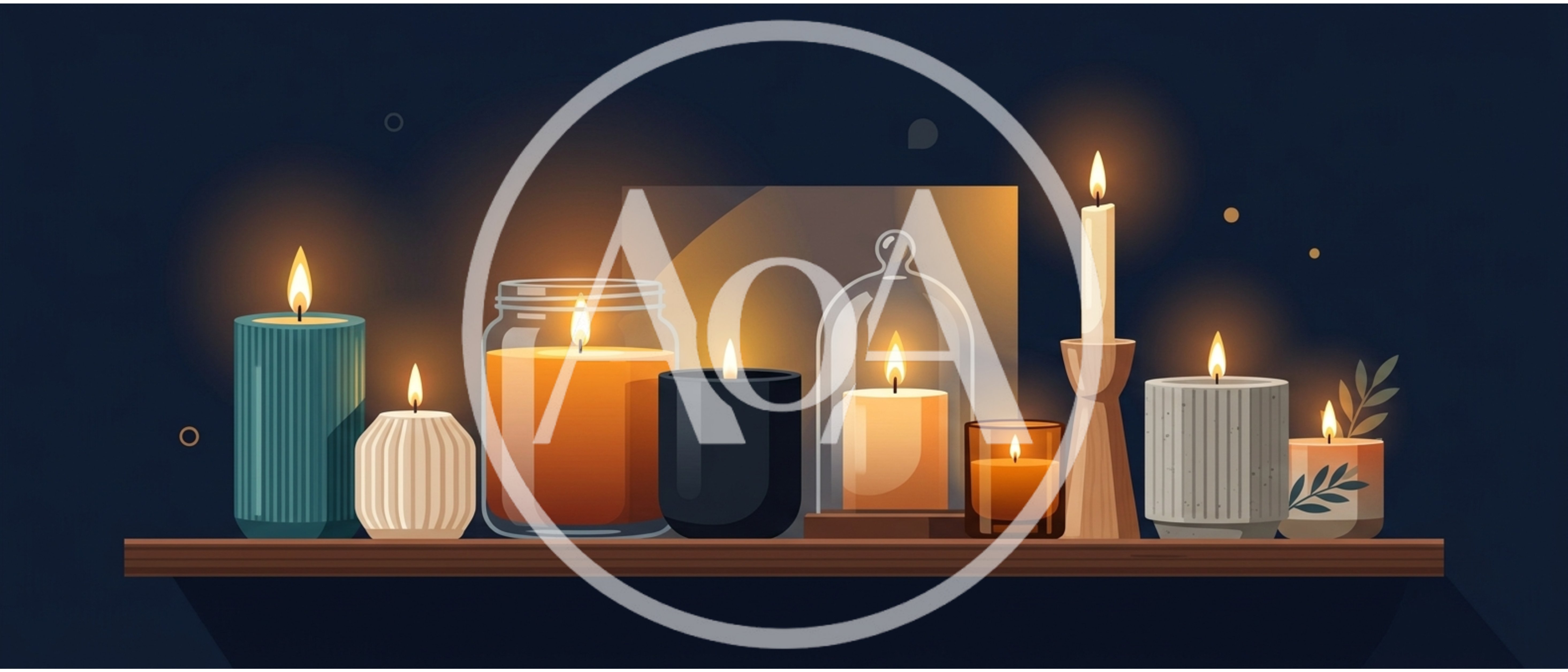 Collection Of Lit Candles On A Wooden Shelf