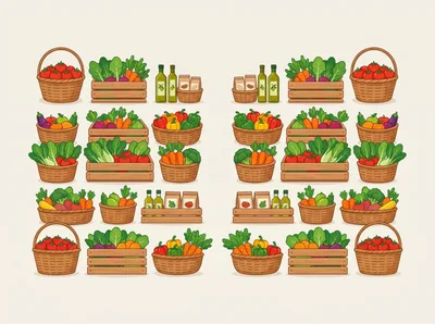Assorted Fresh Vegetables and Produce in Wooden Crates and Baskets
