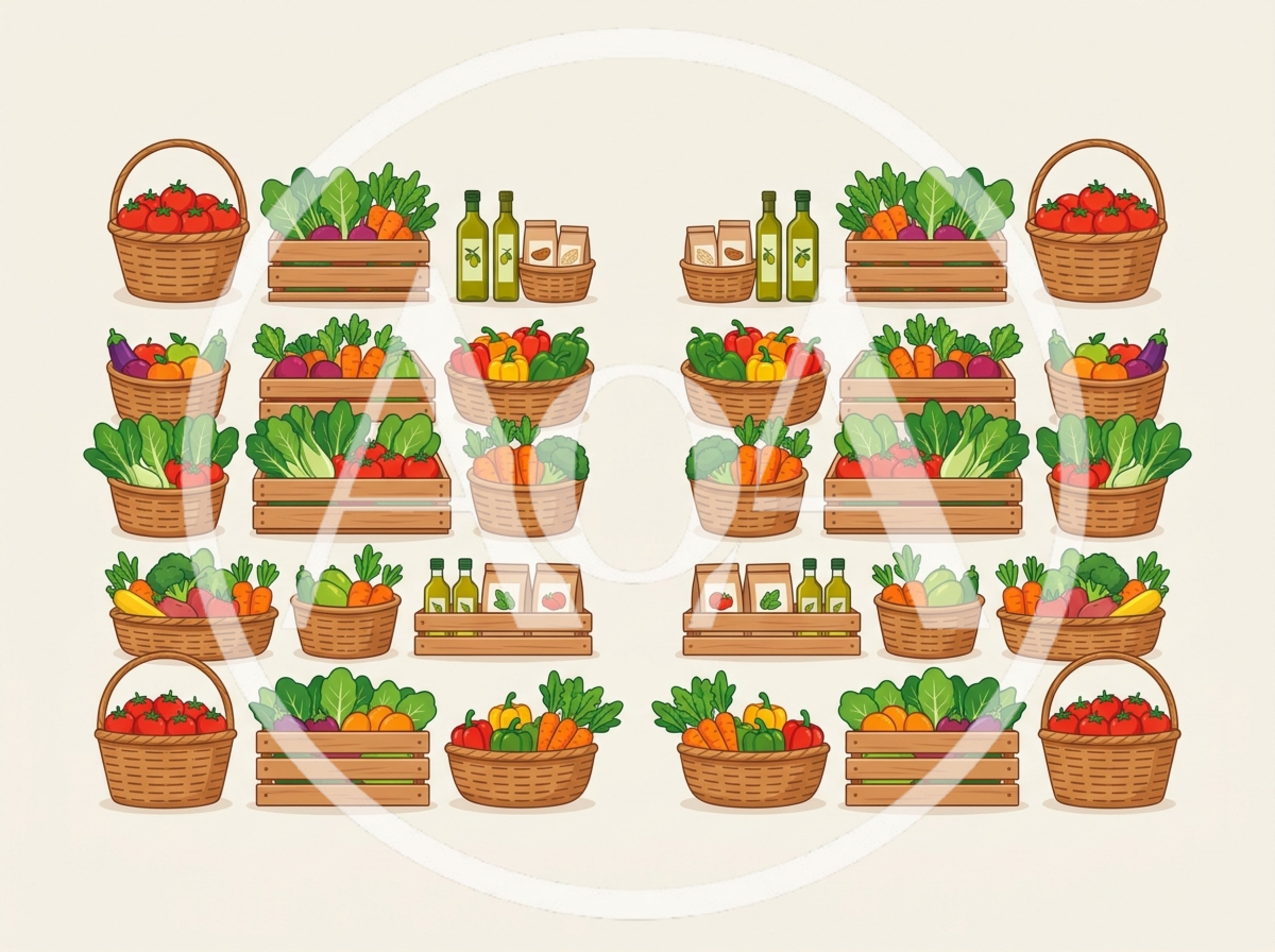 Assorted Fresh Vegetables and Produce in Wooden Crates and Baskets