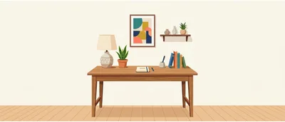 Minimalist Wooden Desk With Lamp And Books