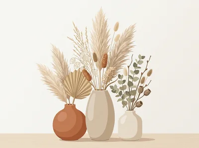 Boho Style Dried Floral Arrangements In Ceramic Vases