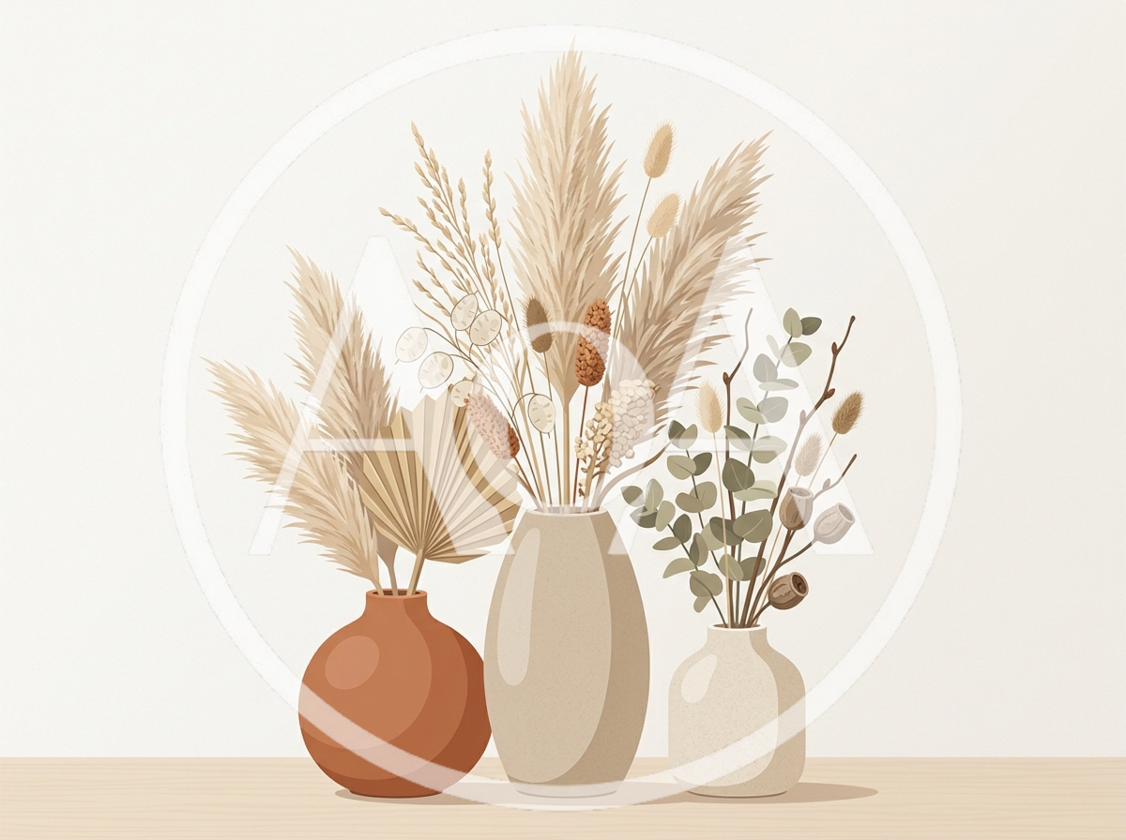 Boho Style Dried Floral Arrangements In Ceramic Vases