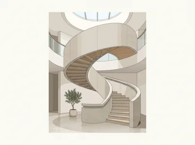 Modern Minimalist Spiral Staircase In Bright Architectural Interior