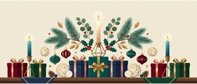 Christmas Holiday Table Centerpiece With Gifts And Candles