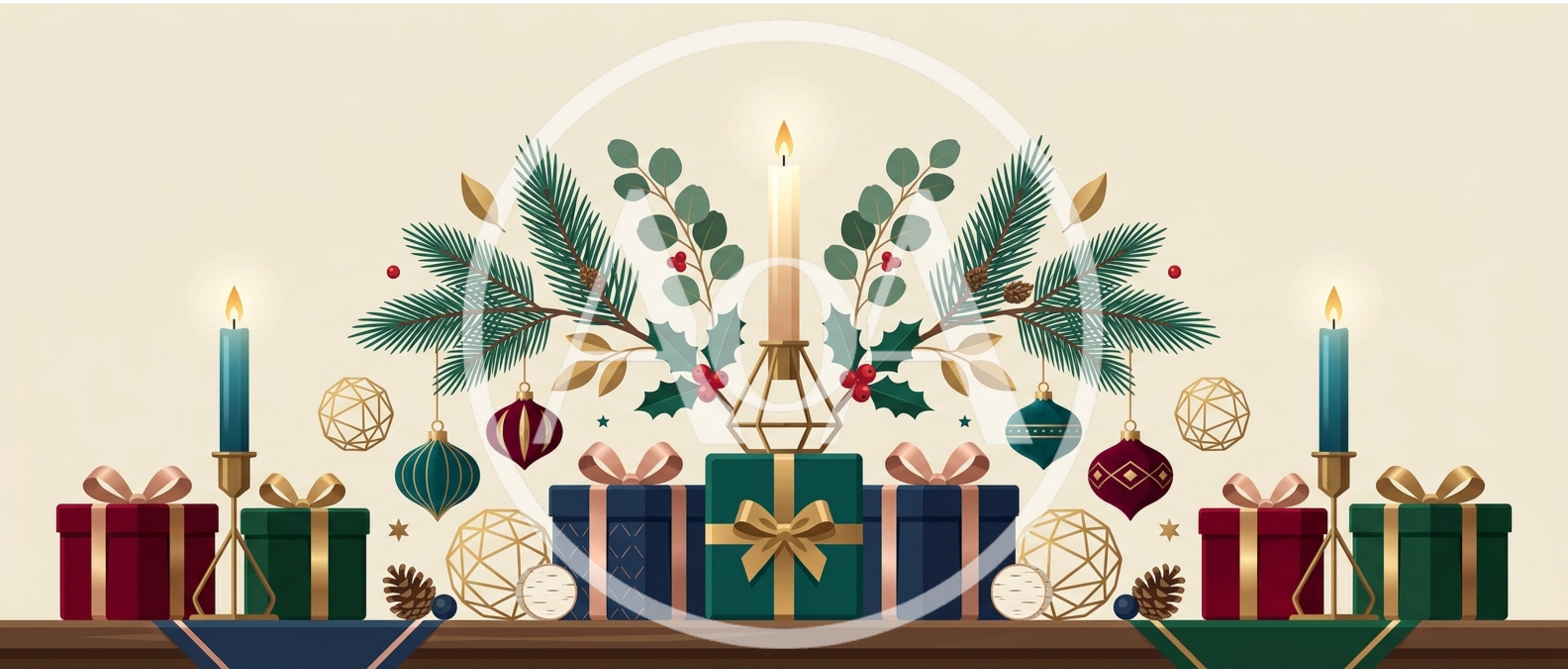 Christmas Holiday Table Centerpiece With Gifts And Candles