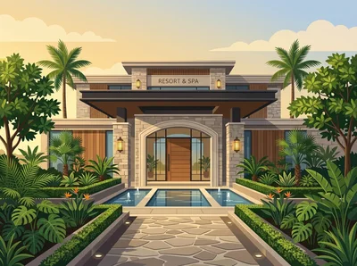 Modern Resort And Spa Entrance With Tropical Landscaping