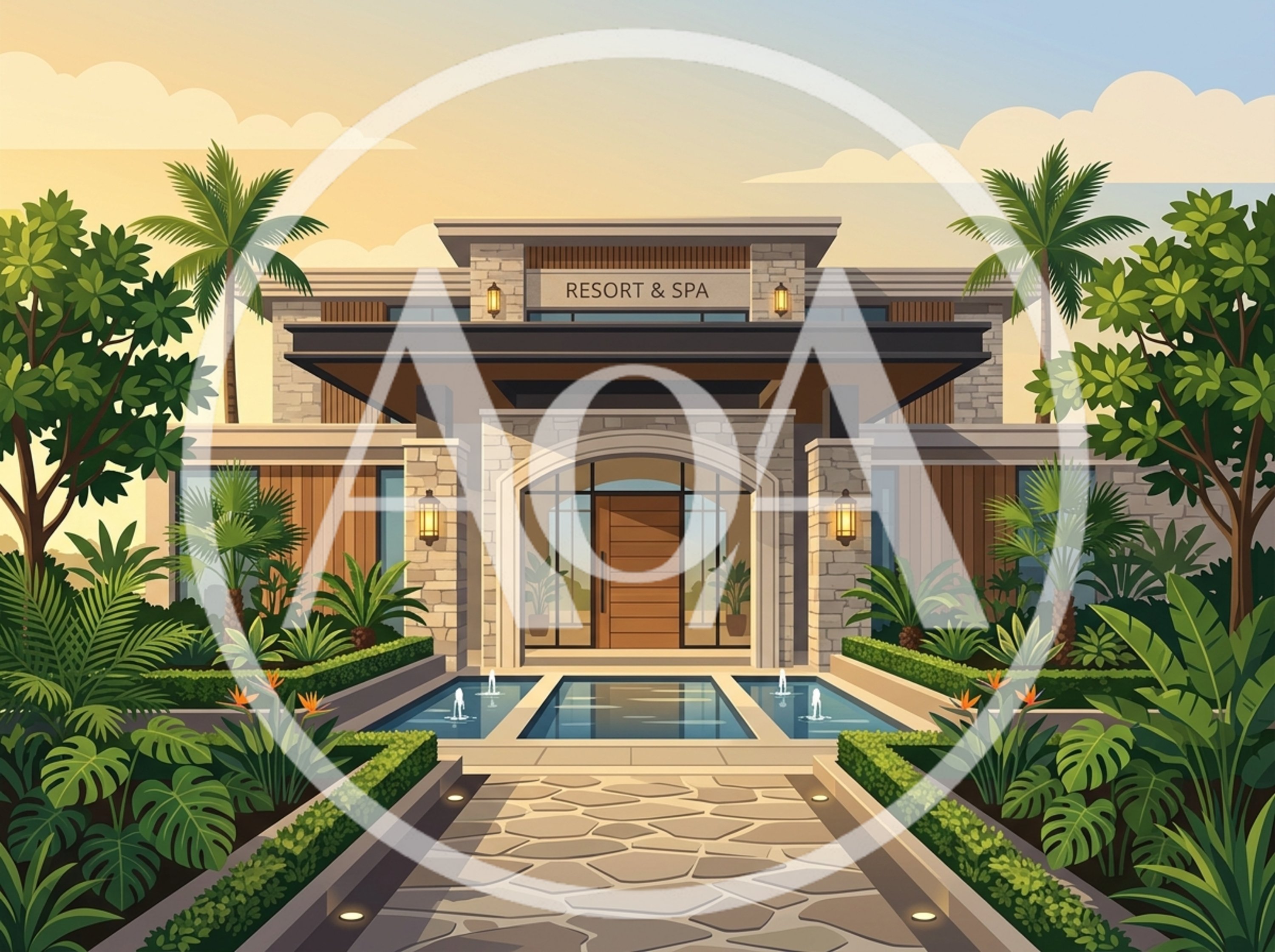 Modern Resort And Spa Entrance With Tropical Landscaping