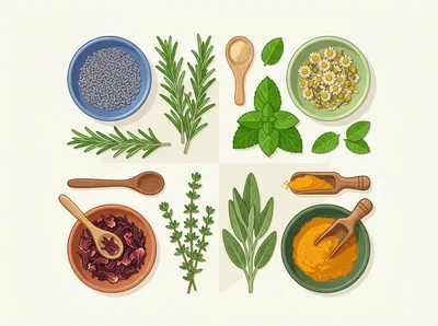 Flat Lay Illustration Of Assorted Culinary Herbs And Spices