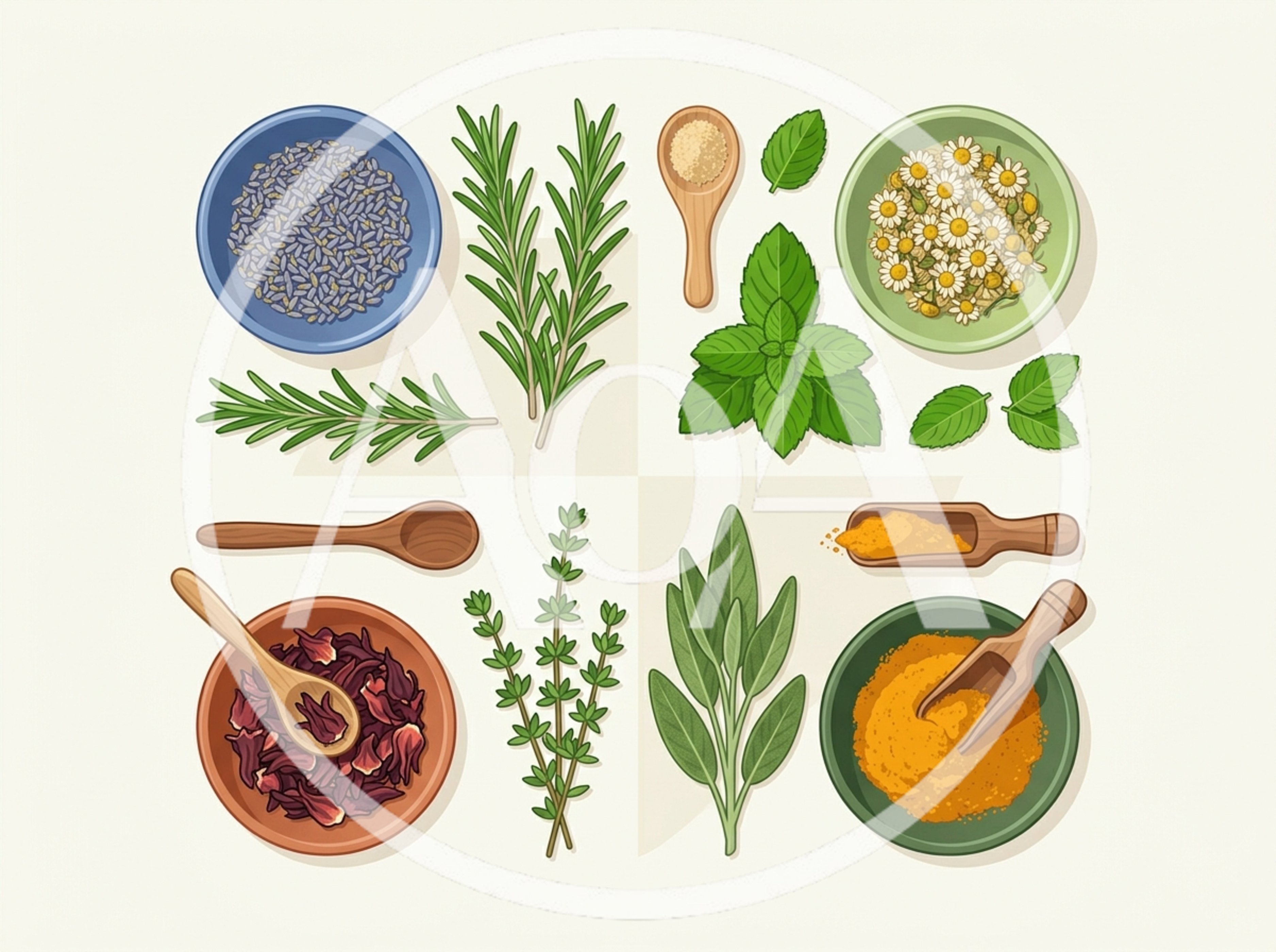 Flat Lay Illustration Of Assorted Culinary Herbs And Spices