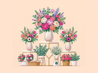 Floral Arrangement Display With Various Bouquets And Potted Plants