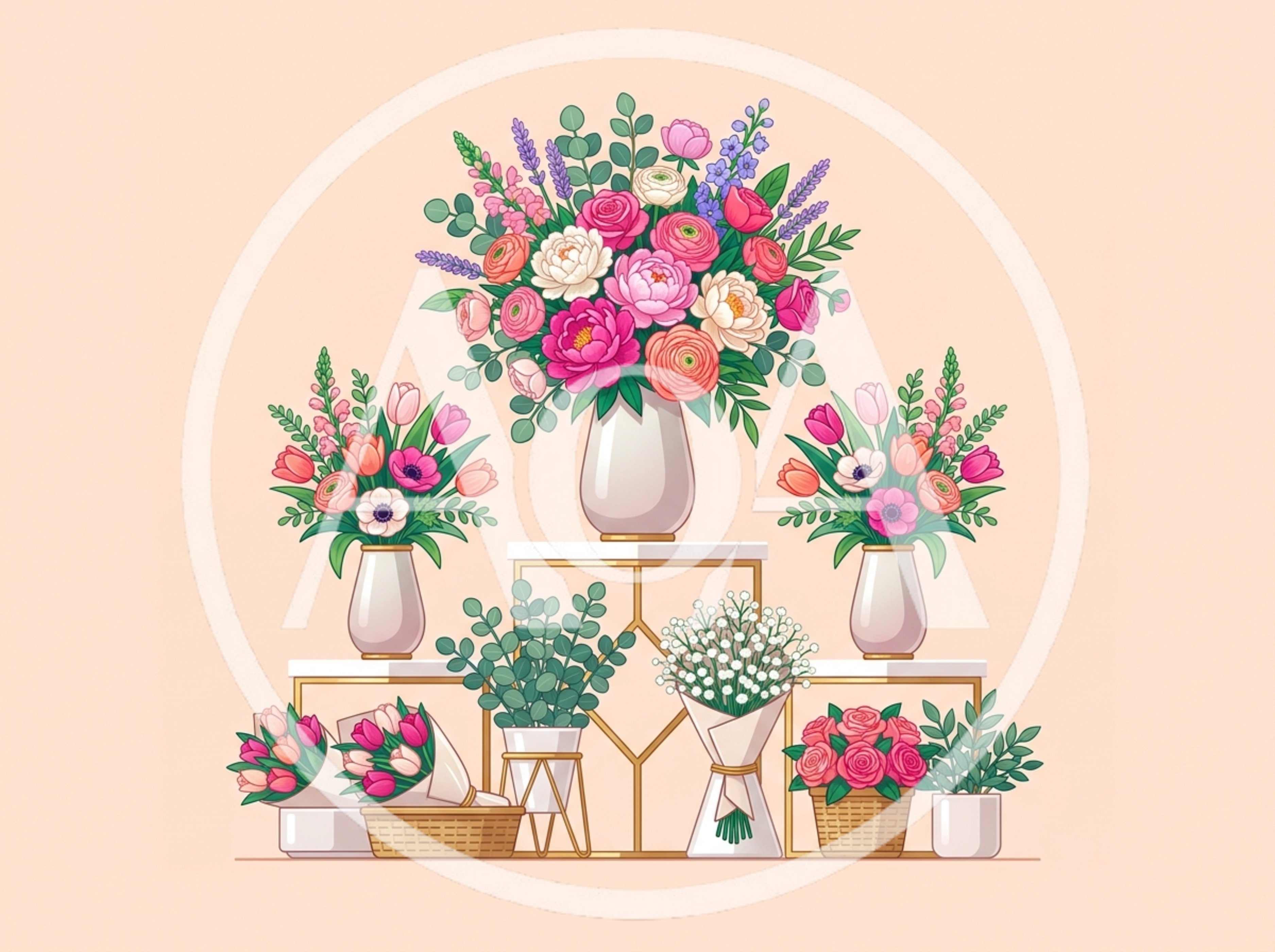 Floral Arrangement Display With Various Bouquets And Potted Plants