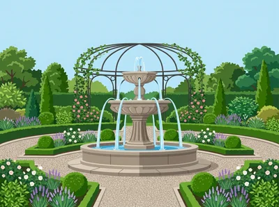 Classic Stone Fountain In A Formal Garden