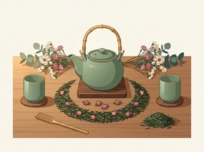 Traditional Tea Ceremony Setup With Teapot And Cups