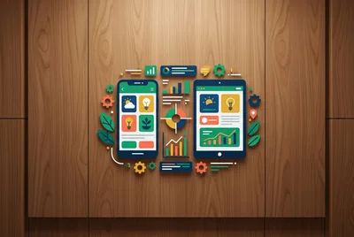 Digital Dashboard Interface Icons on Wooden Background