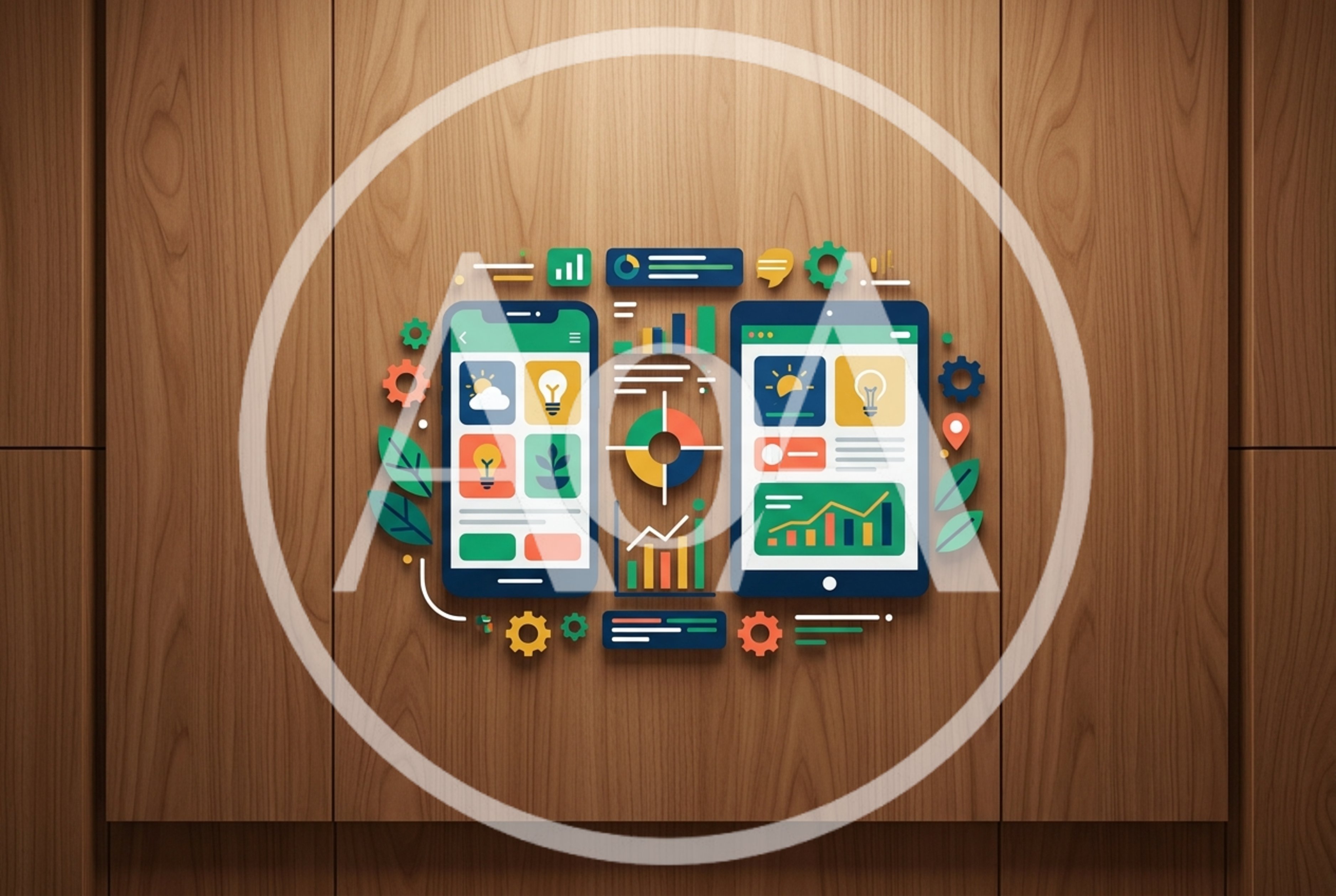 Digital Dashboard Interface Icons on Wooden Background