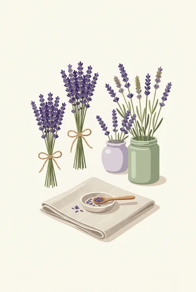 Lavender Bouquets and Dried Buds on Linen Cloth