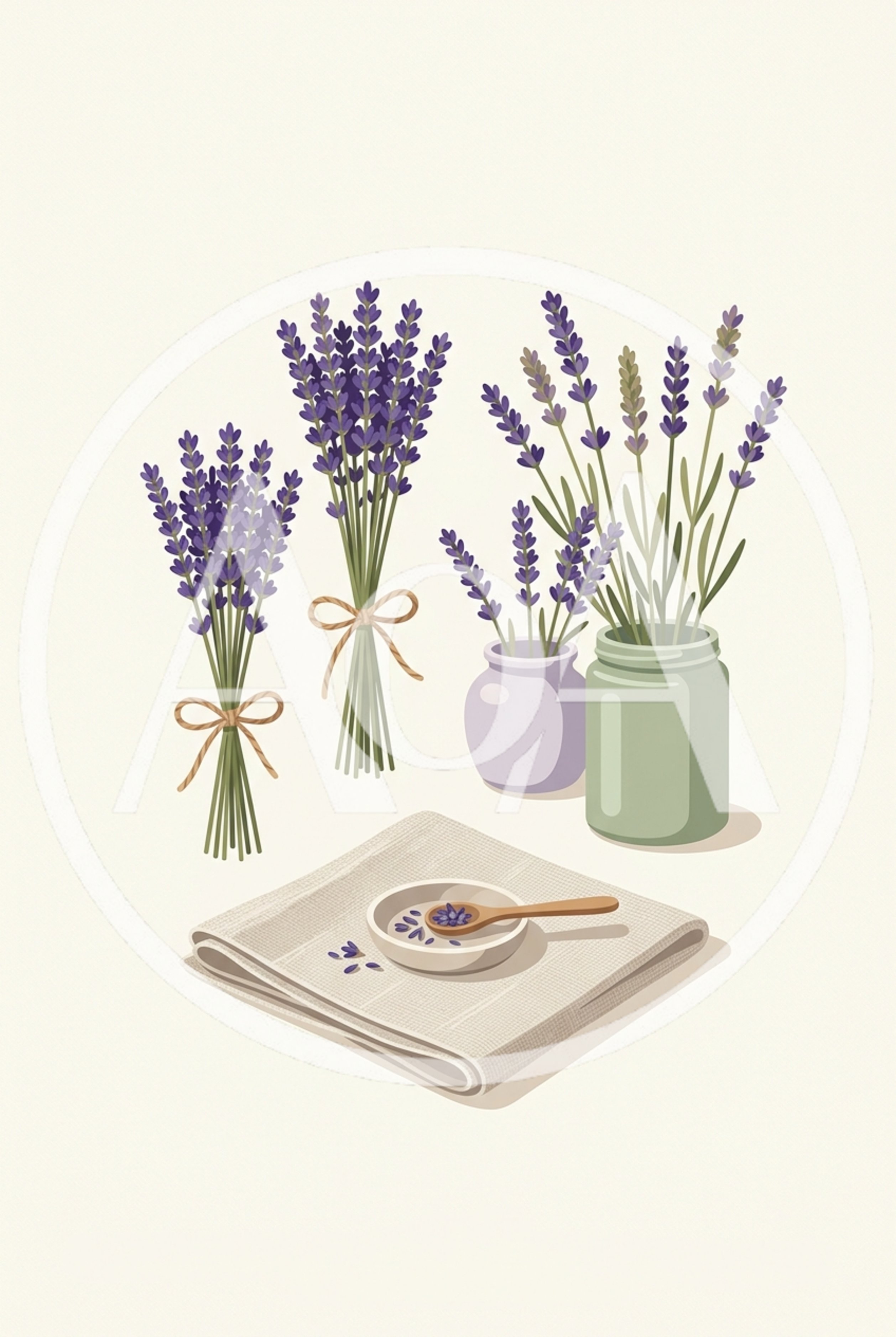 Lavender Bouquets and Dried Buds on Linen Cloth