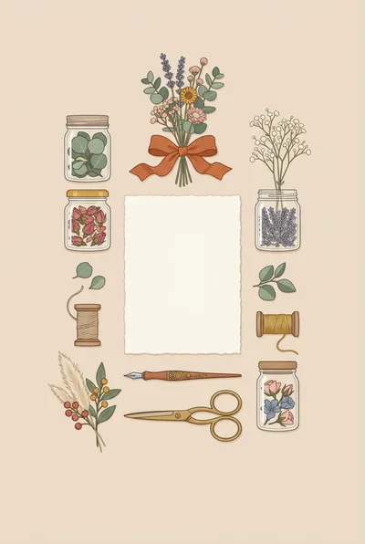 Flat Lay Illustration Of Botanical Stationery And Craft Supplies