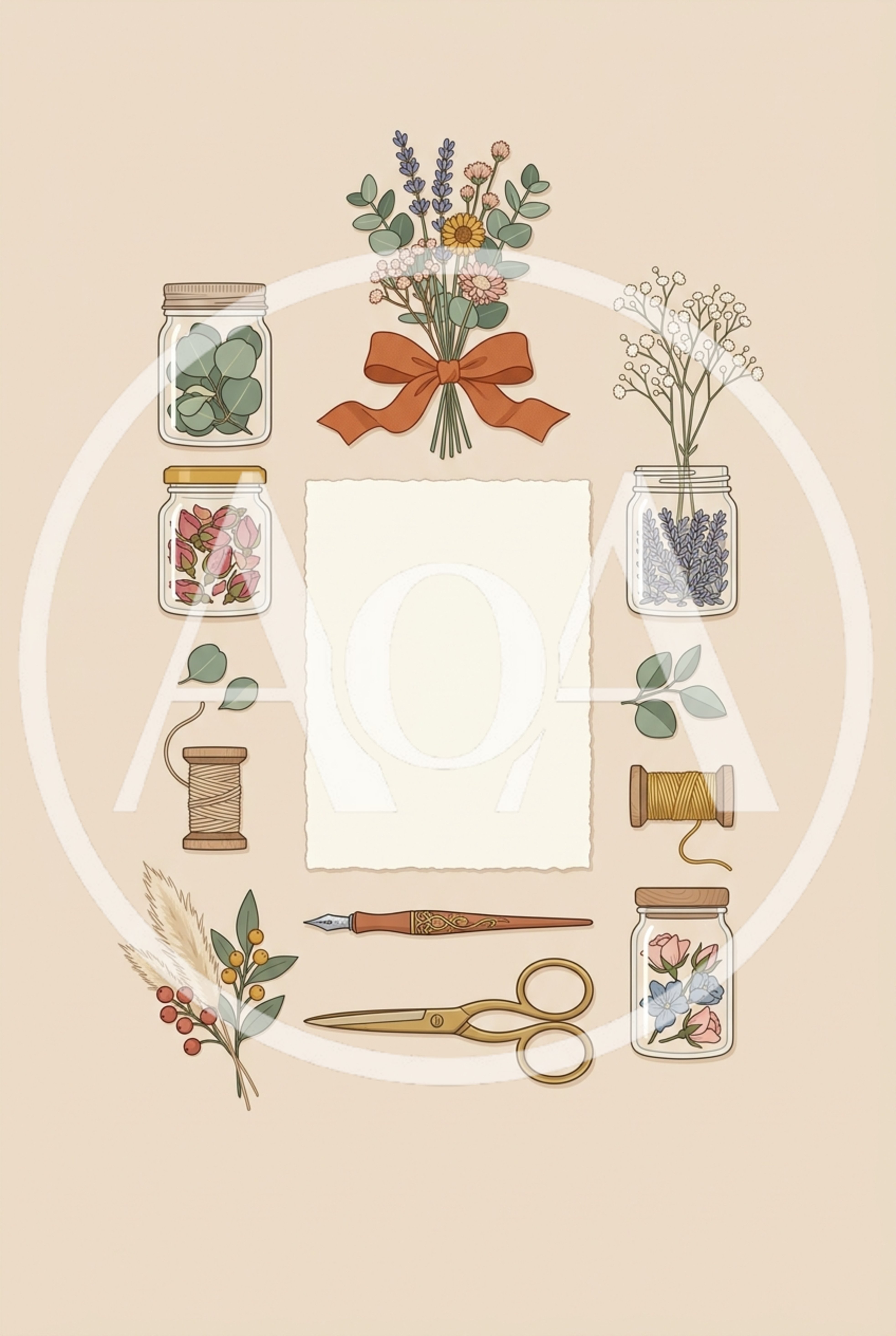 Flat Lay Illustration Of Botanical Stationery And Craft Supplies