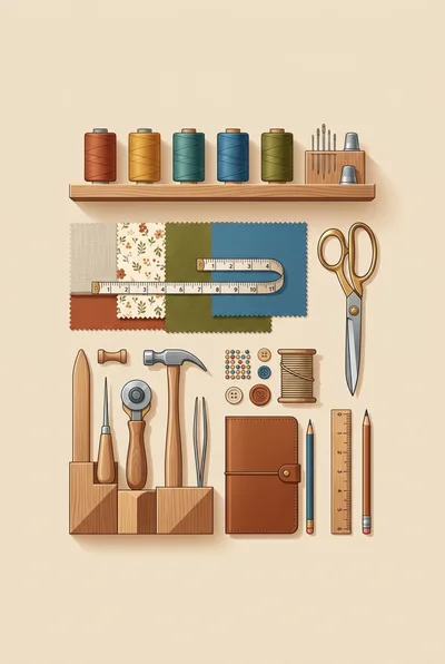 Flat Lay Collection of Sewing and Crafting Tools