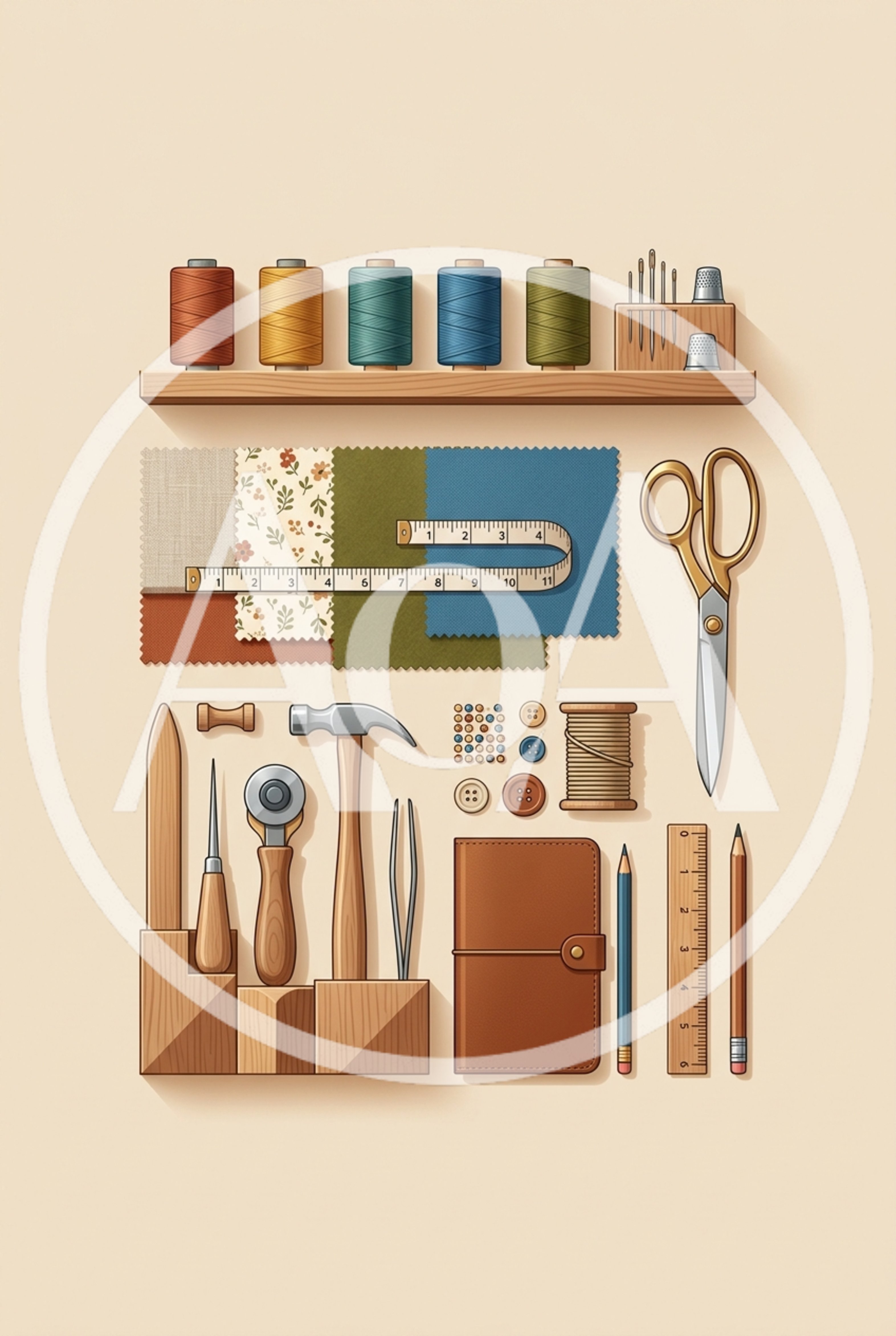 Flat Lay Collection of Sewing and Crafting Tools