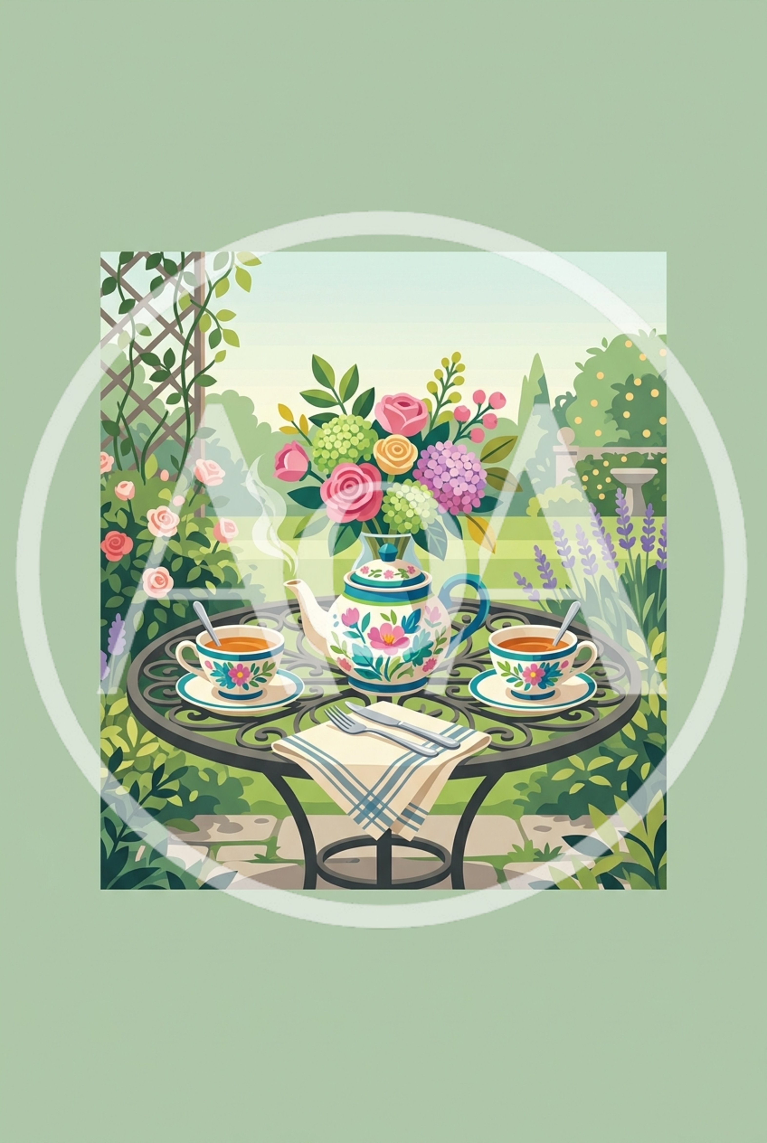 Garden Tea Party With Floral Teapot And Cups