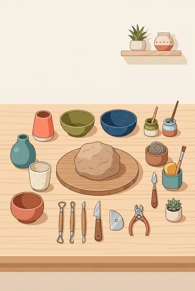 Pottery Workshop Table With Clay And Sculpting Tools