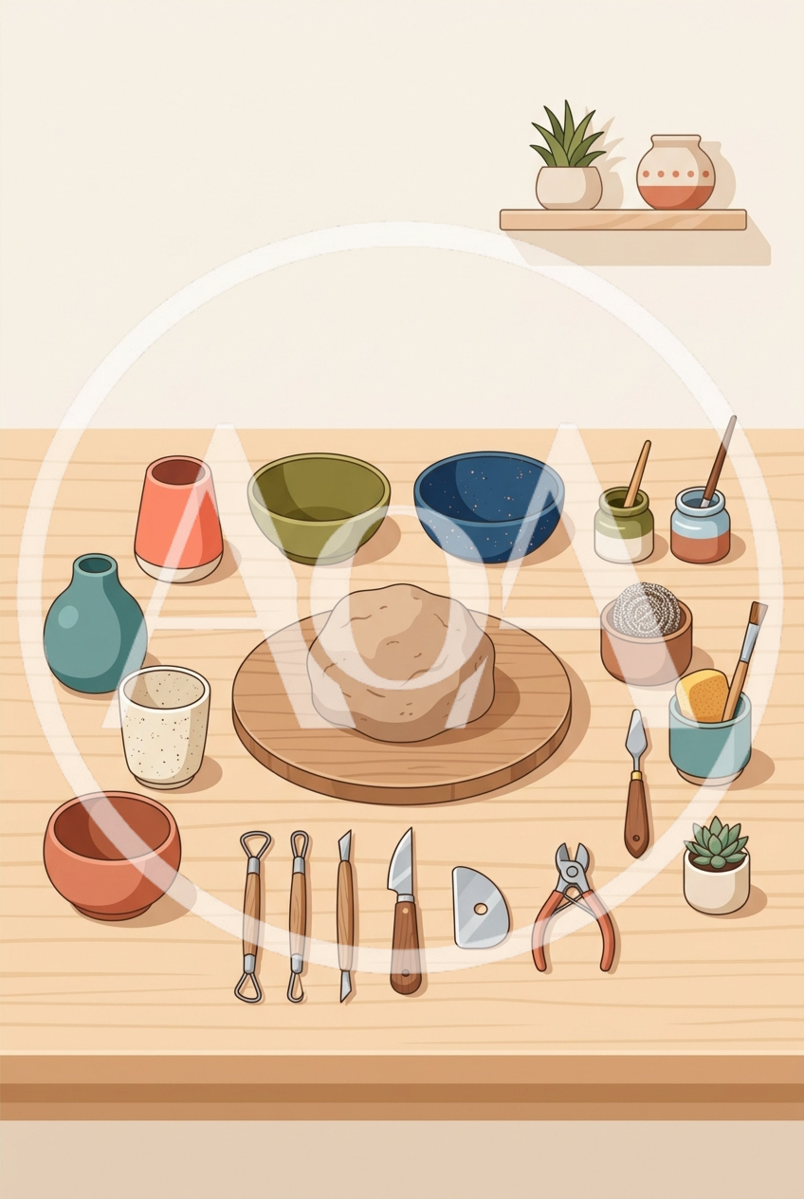 Pottery Workshop Table With Clay And Sculpting Tools
