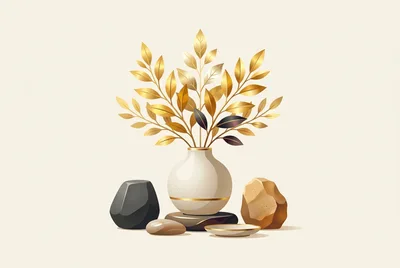 Minimalist Vase With Golden Leaves And Decorative Stones