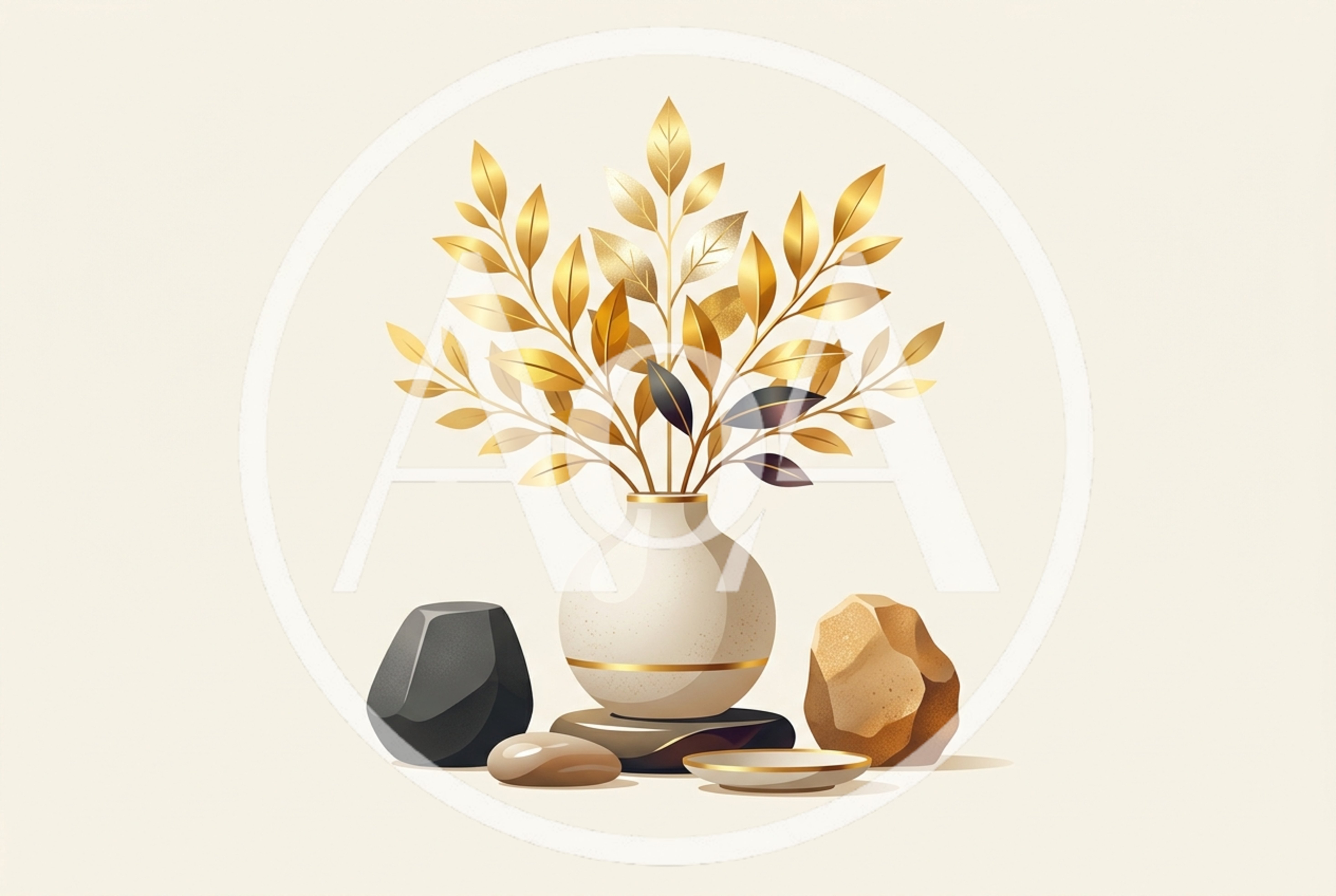 Minimalist Vase With Golden Leaves And Decorative Stones