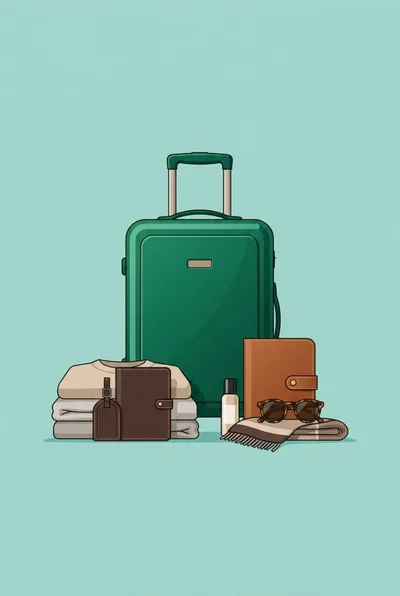 Travel Essentials With Green Suitcase And Accessories