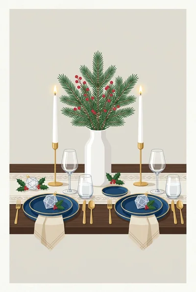 Festive Christmas Table Setting With Pine And Candles