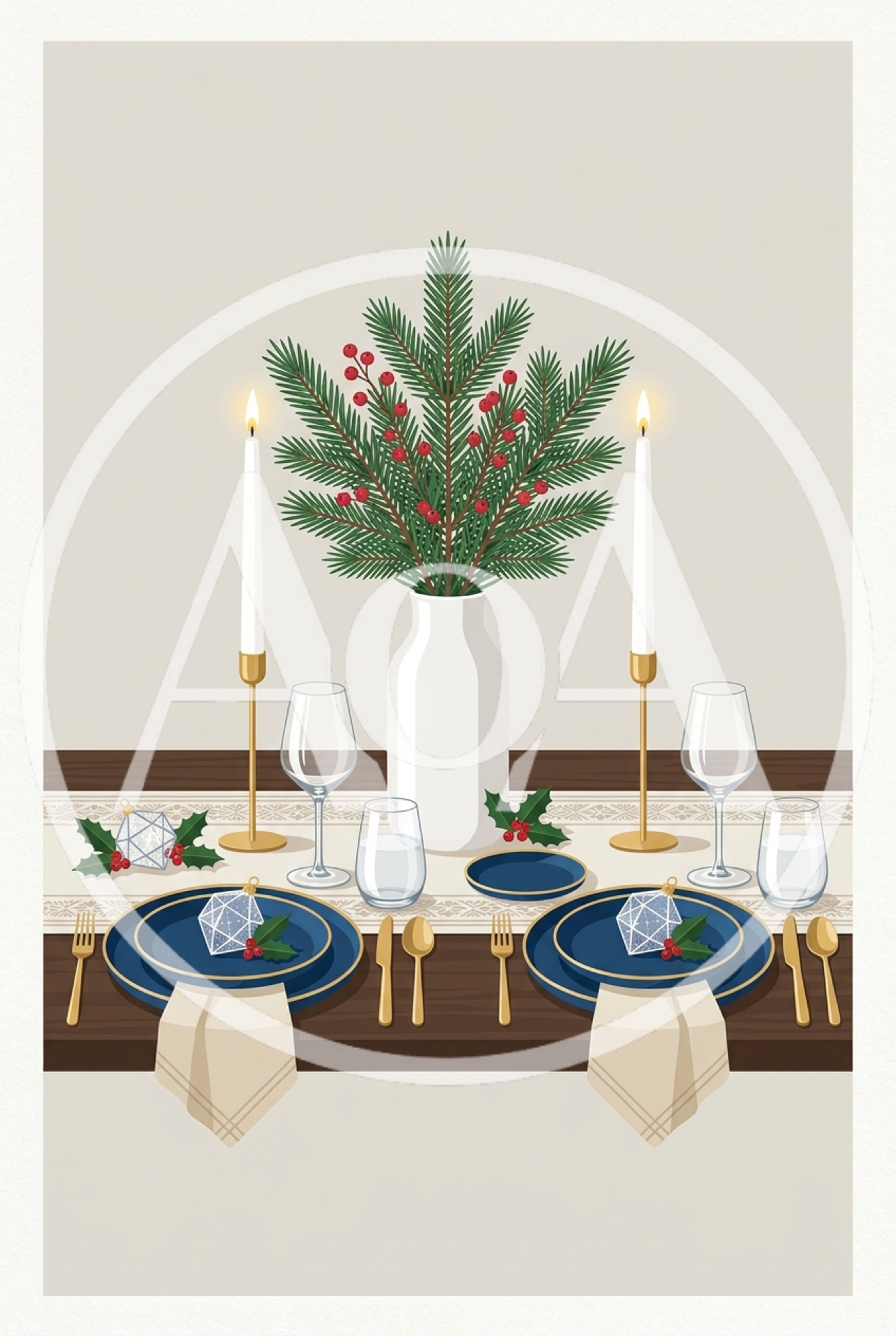 Festive Christmas Table Setting With Pine And Candles