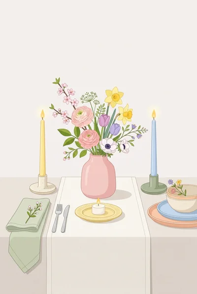 Spring Table Setting With Floral Bouquet And Candles