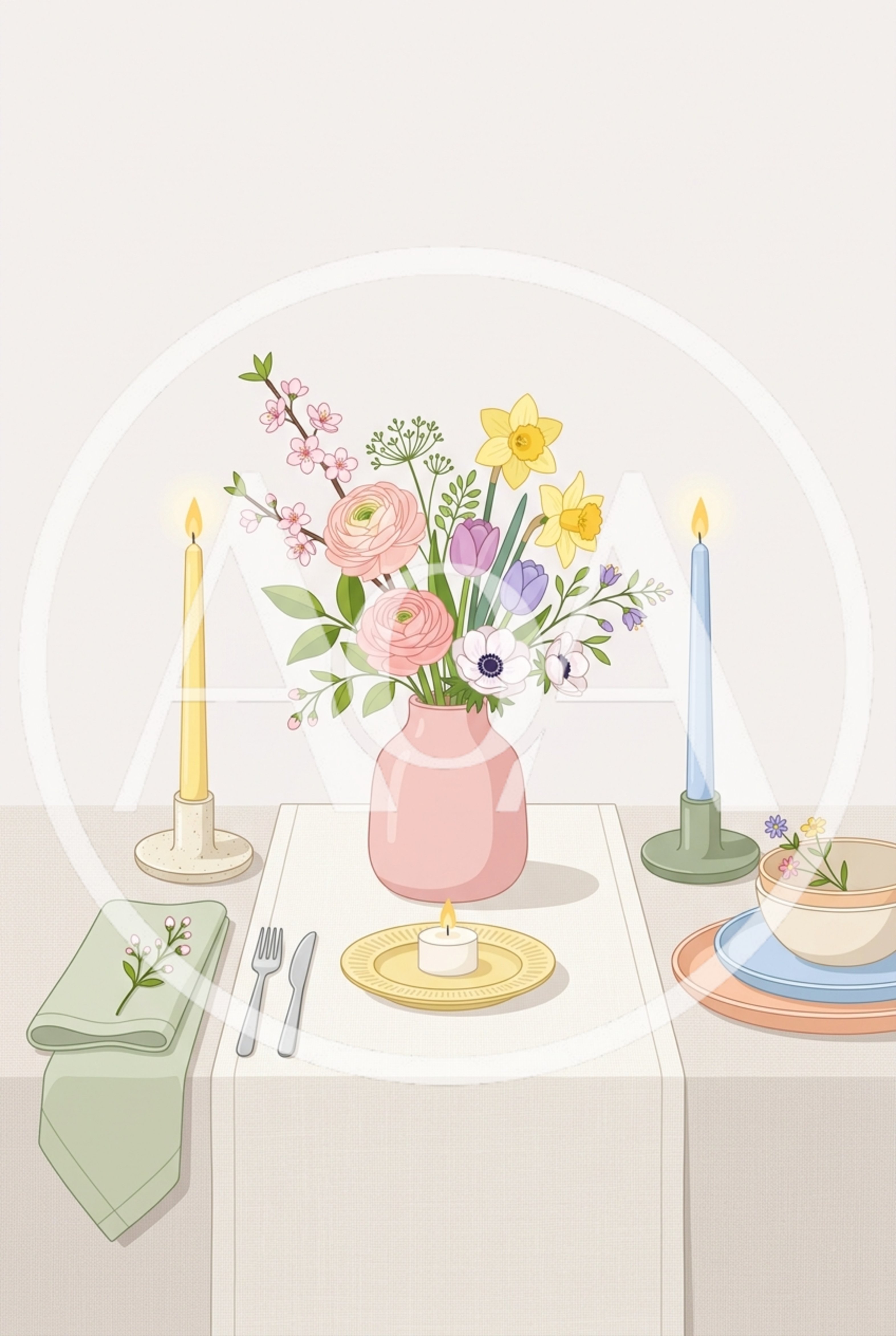 Spring Table Setting With Floral Bouquet And Candles