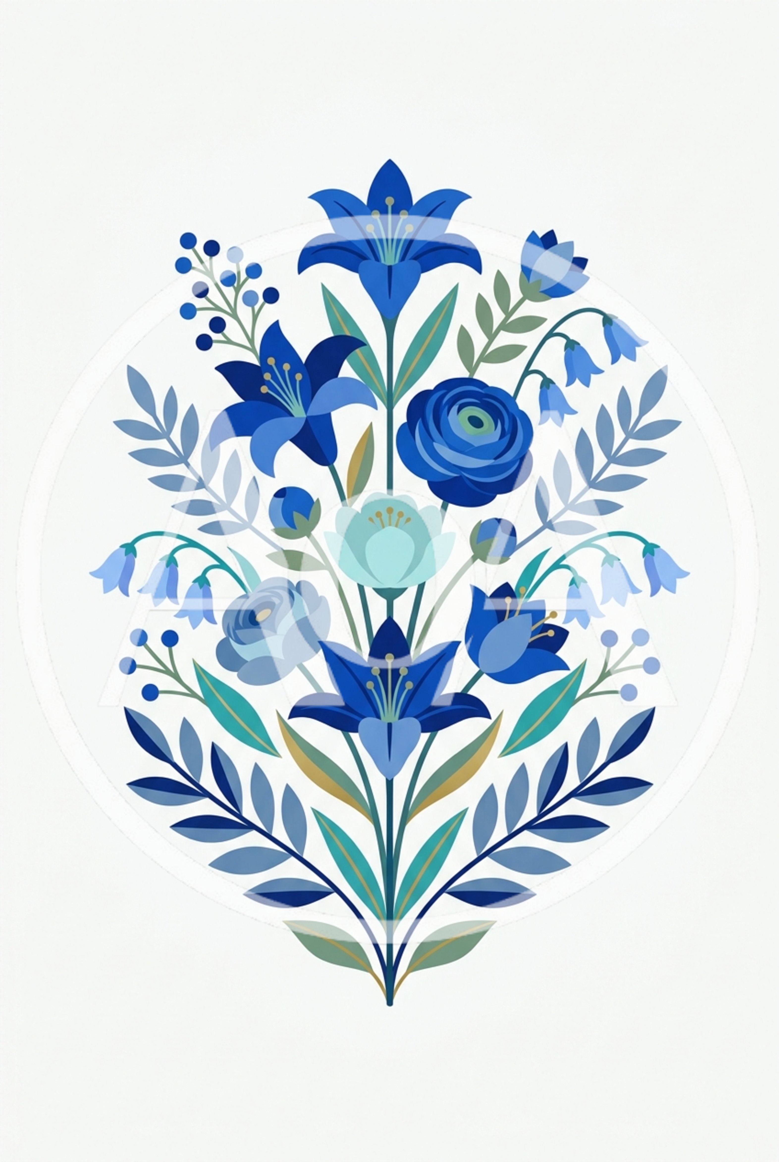 Symmetrical Floral Illustration In Blue Tones
