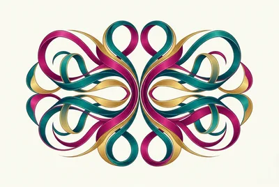 Symmetrical Abstract Ribbon Ornament With Teal Magenta And Gold