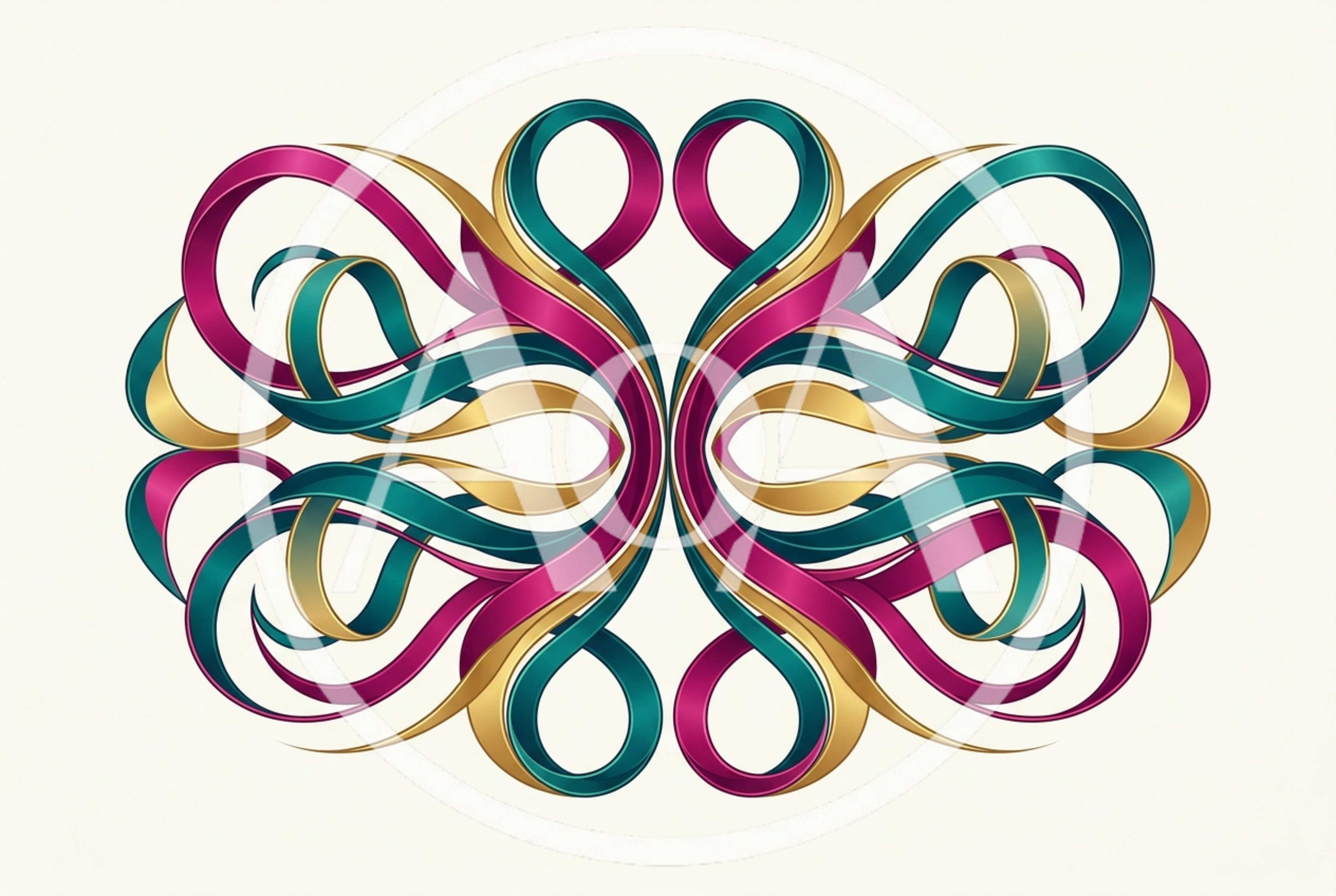 Symmetrical Abstract Ribbon Ornament With Teal Magenta And Gold