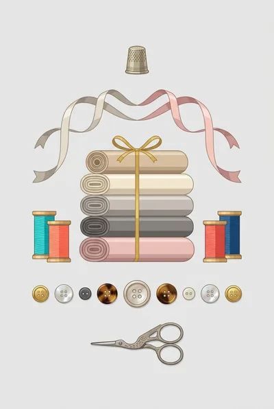 Sewing Supplies and Fabric Rolls Illustration