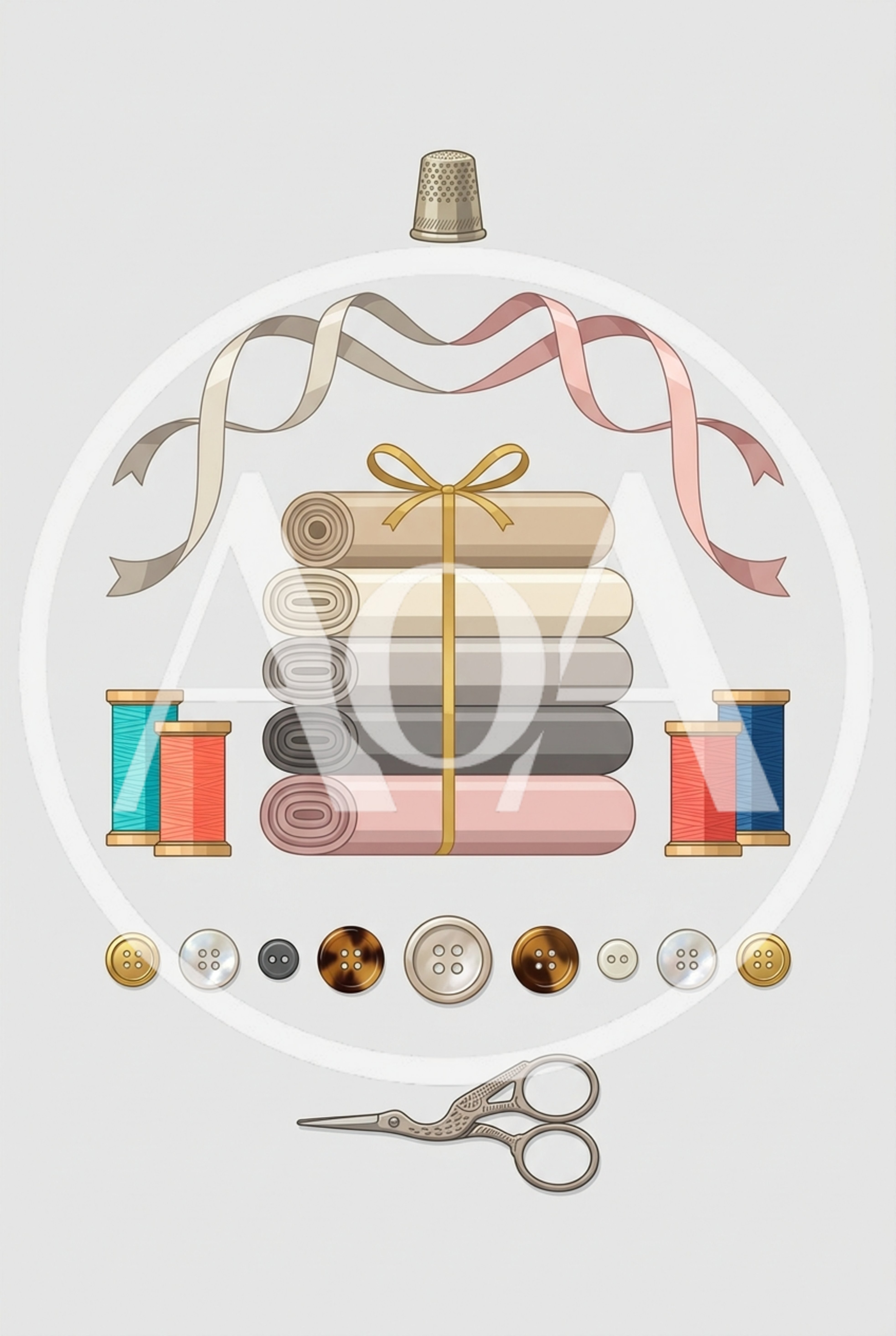 Sewing Supplies and Fabric Rolls Illustration