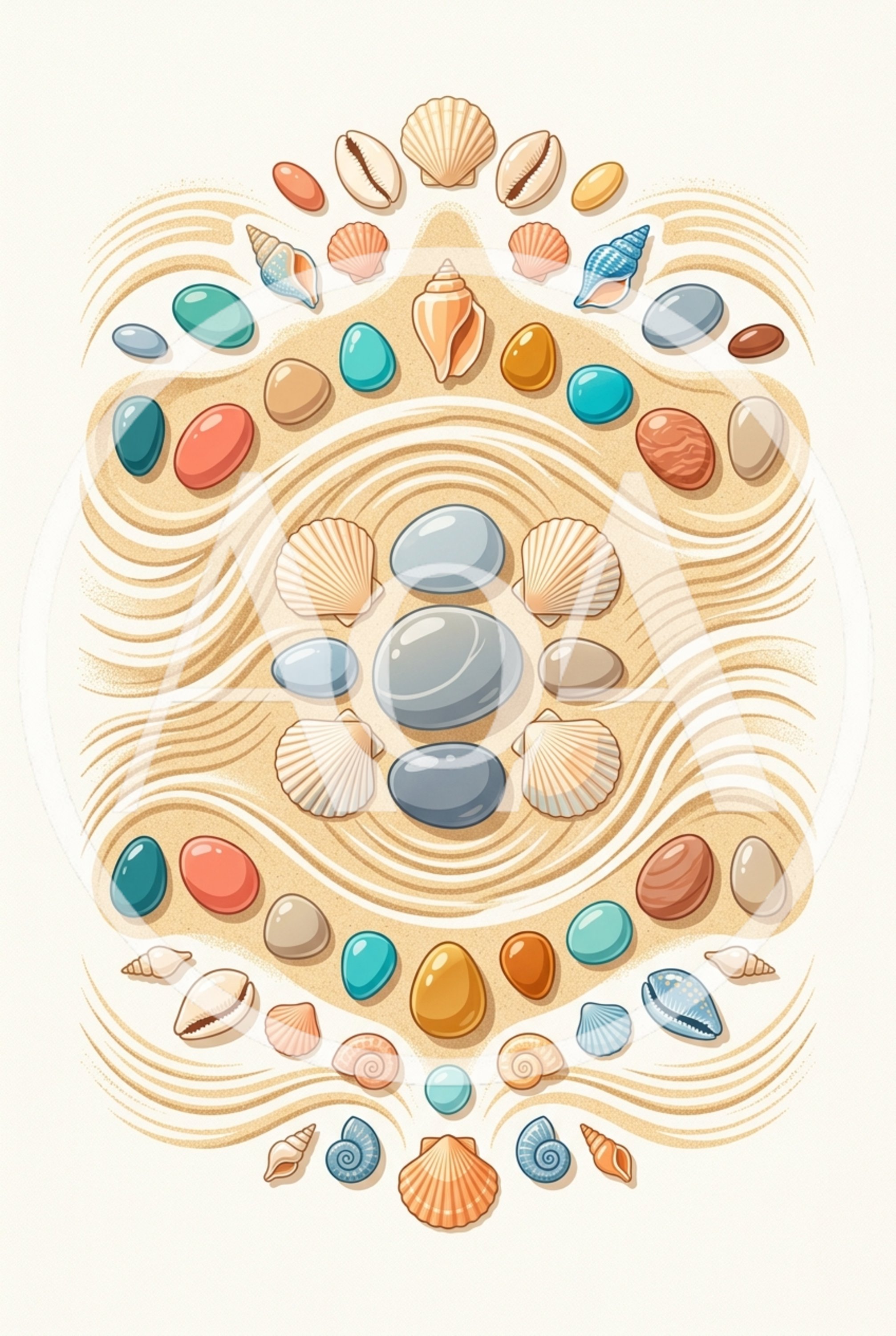 Zen Garden Sand Pattern With Seashells And Stones