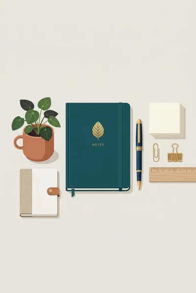 Flat Lay Stationery Set With Notebook And Plant