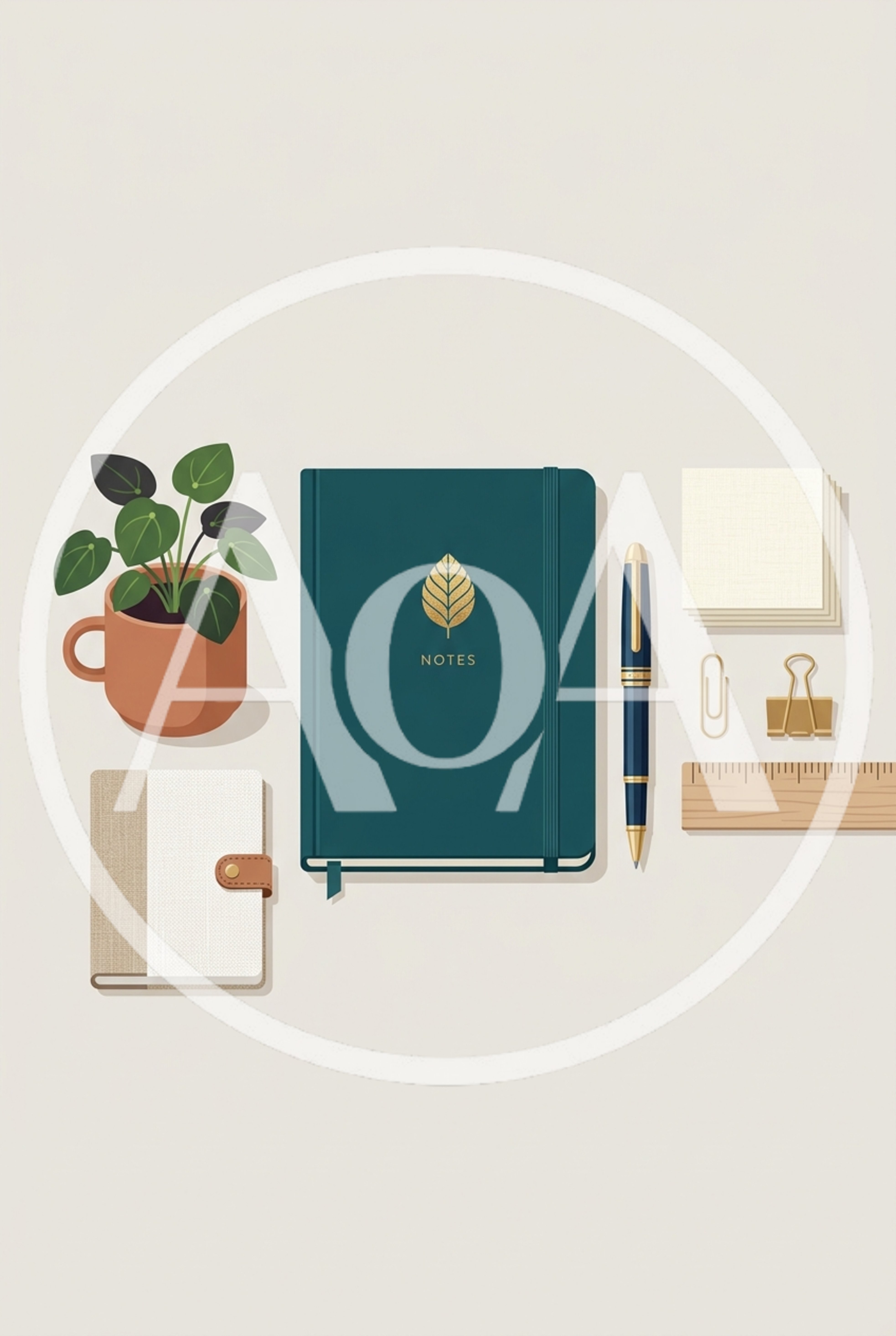 Flat Lay Stationery Set With Notebook And Plant
