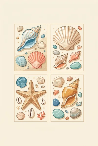 Four Panels Of Illustrated Seashells And Starfish