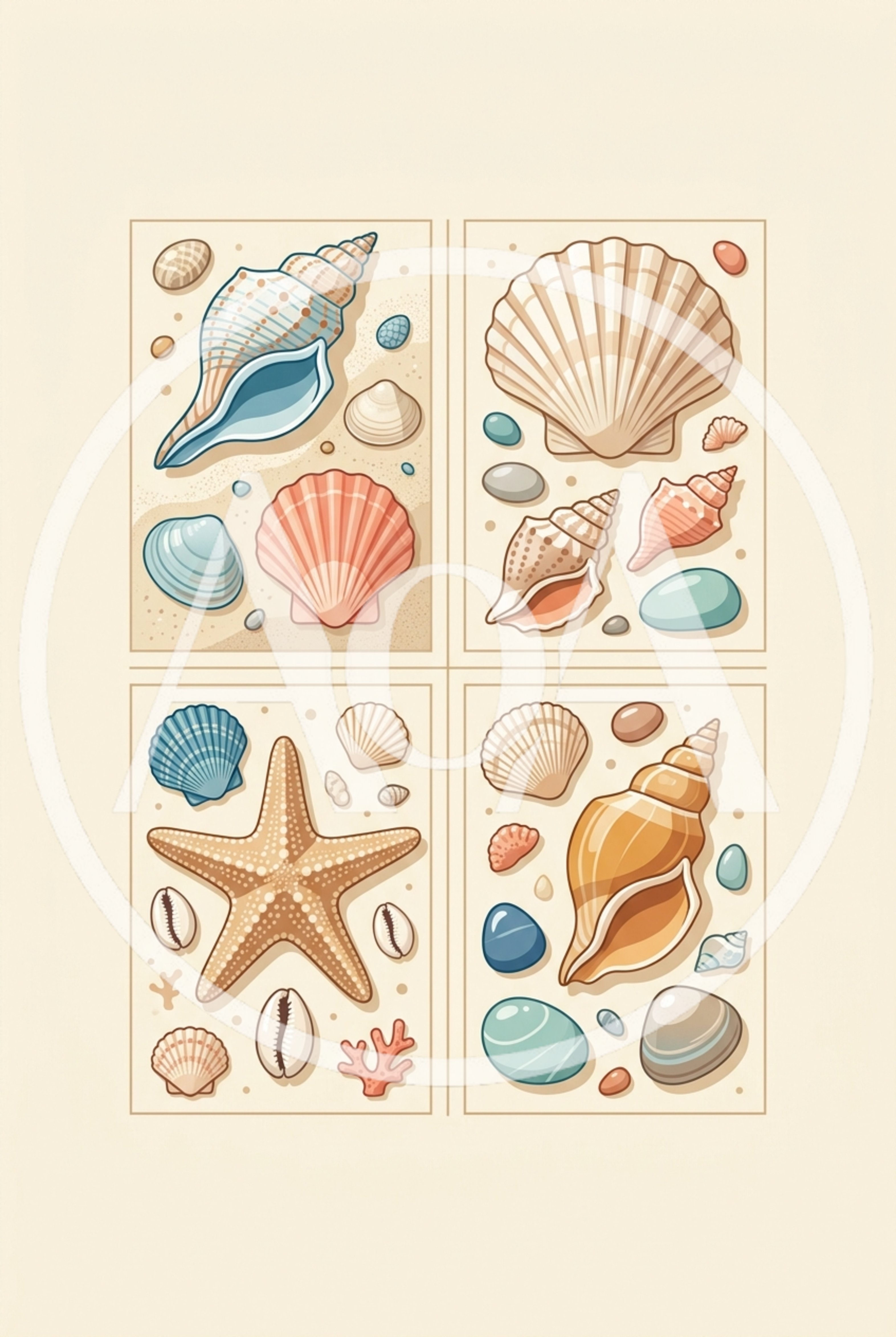 Four Panels Of Illustrated Seashells And Starfish