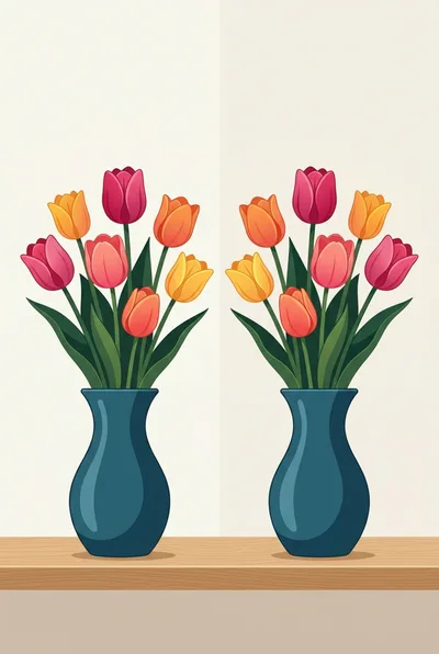 Two Identical Vases With Colorful Tulips On A Shelf