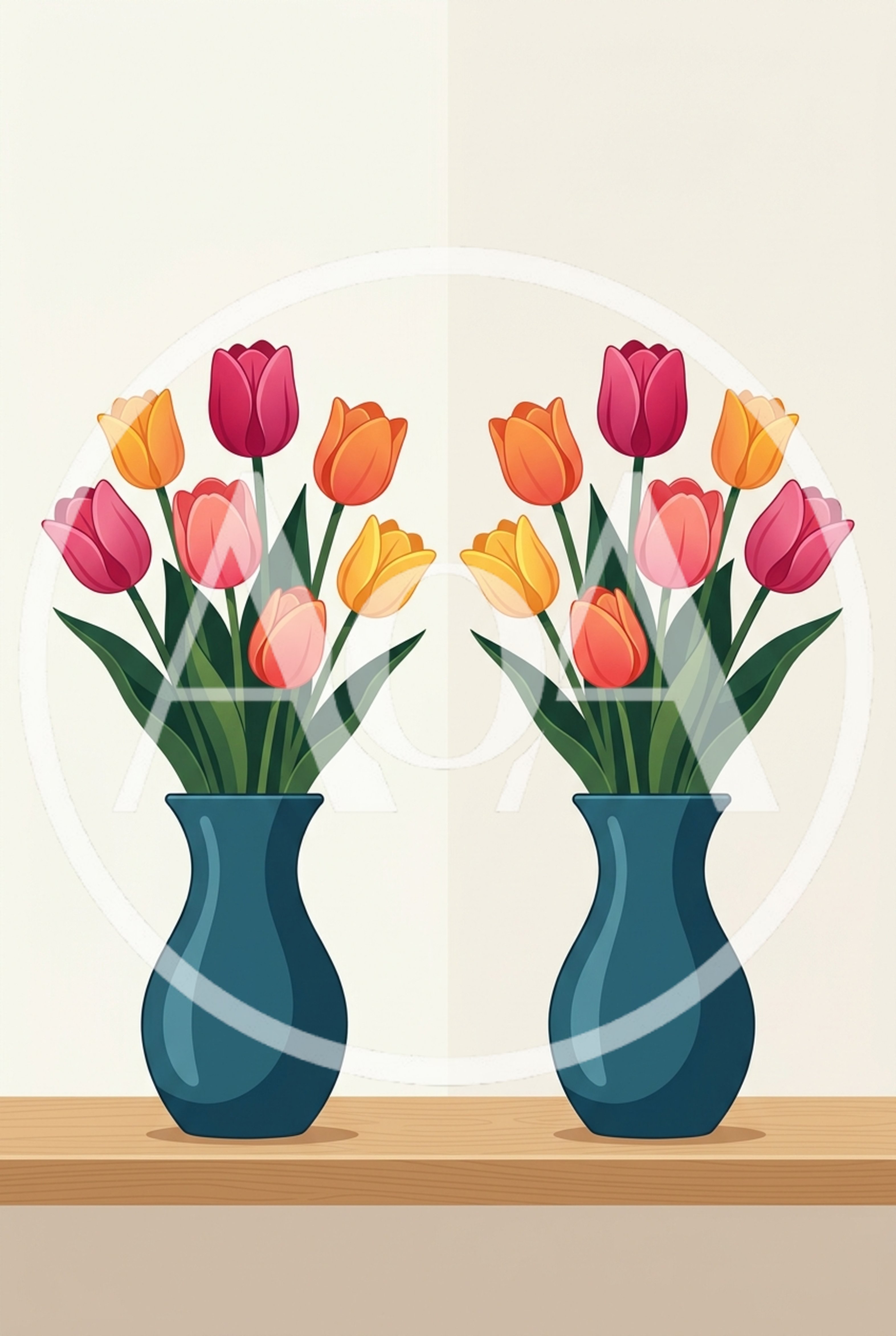 Two Identical Vases With Colorful Tulips On A Shelf